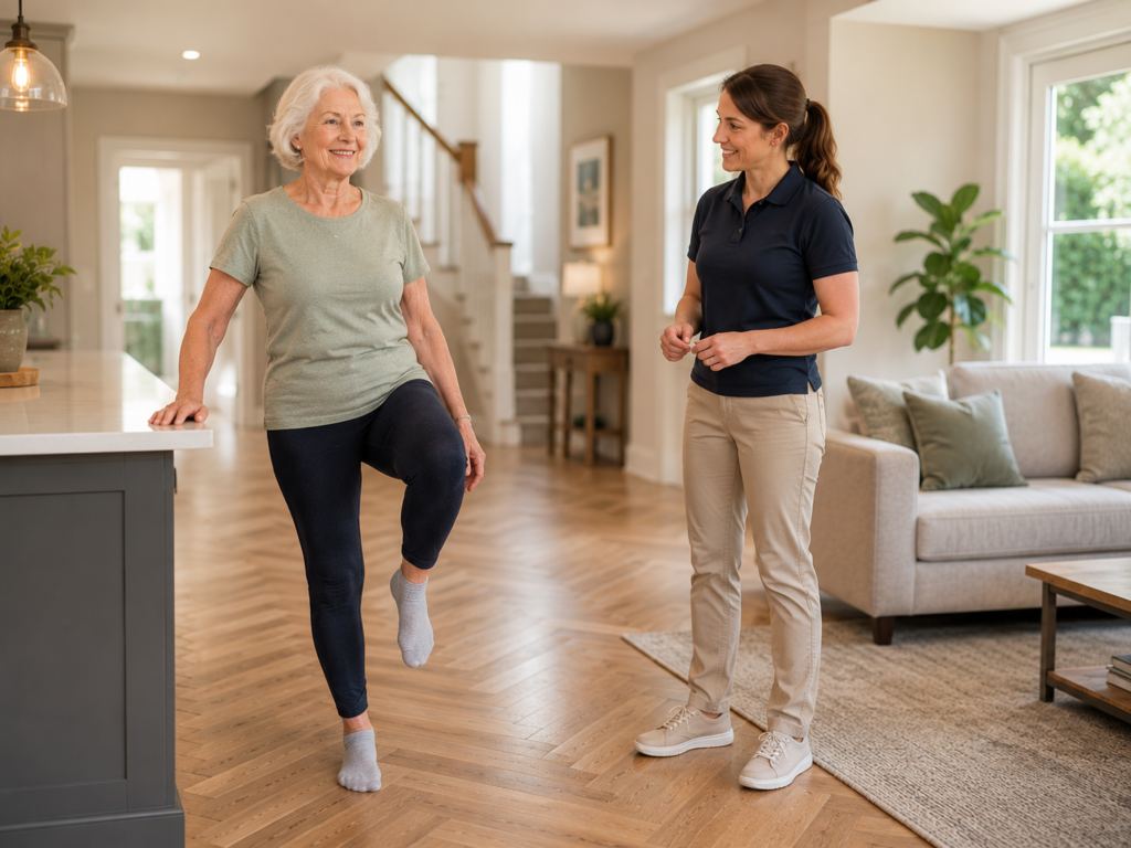Older adult performing a balance exercise at home under the supervision of a physiotherapist during a falls prevention physiotherapy session in Surrey.