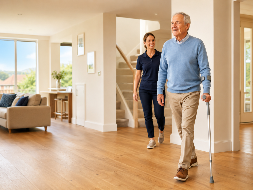 Older adult walking confidently through a modern home using a single elbow crutch after hip replacement surgery while a physiotherapist observes nearby.