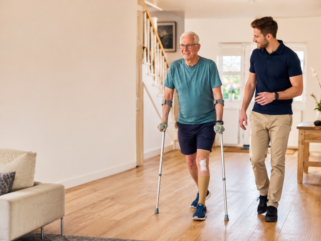 Older adult walking confidently at home with two elbow crutches while a physiotherapist observes during post-operative home physiotherapy rehabilitation after hip or knee replacement.