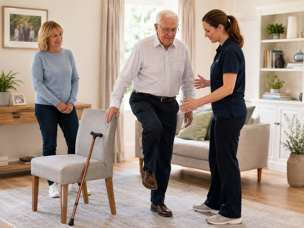 Elderly man doing balance exercise with physiotherapist at home while daughter looks on, falls prevention