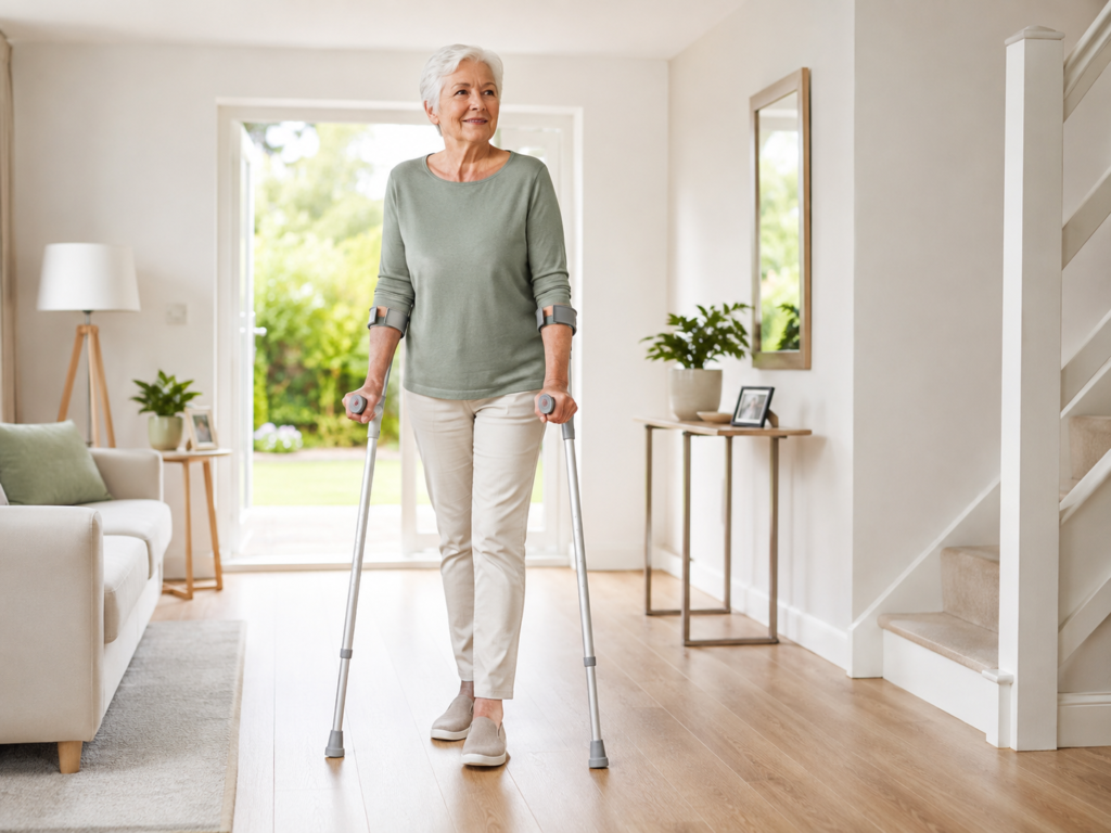 Older adult walking safely with two elbow crutches at home