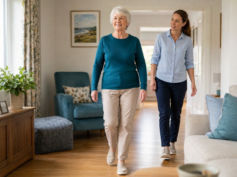 Older adult walking confidently at home with a physiotherapist nearby