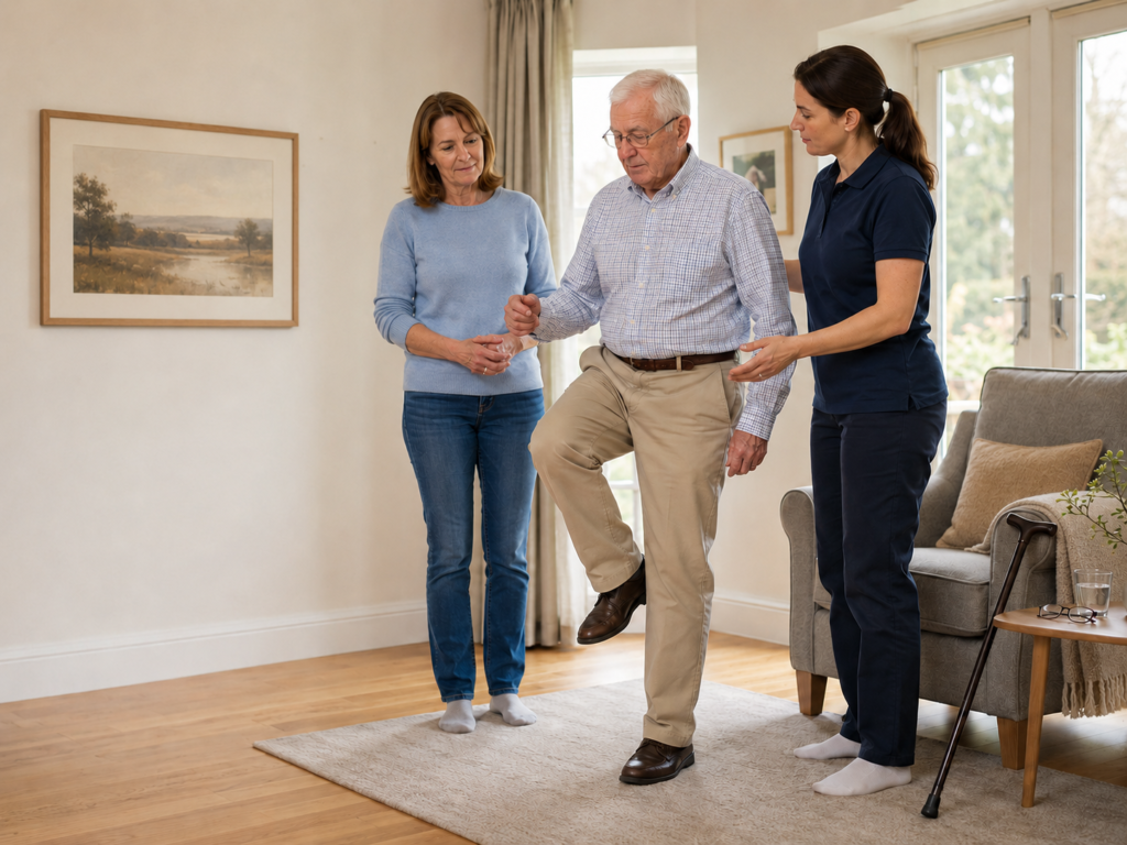 Older man completing a standing balance assessment with a physiotherapist while a family member watches at home