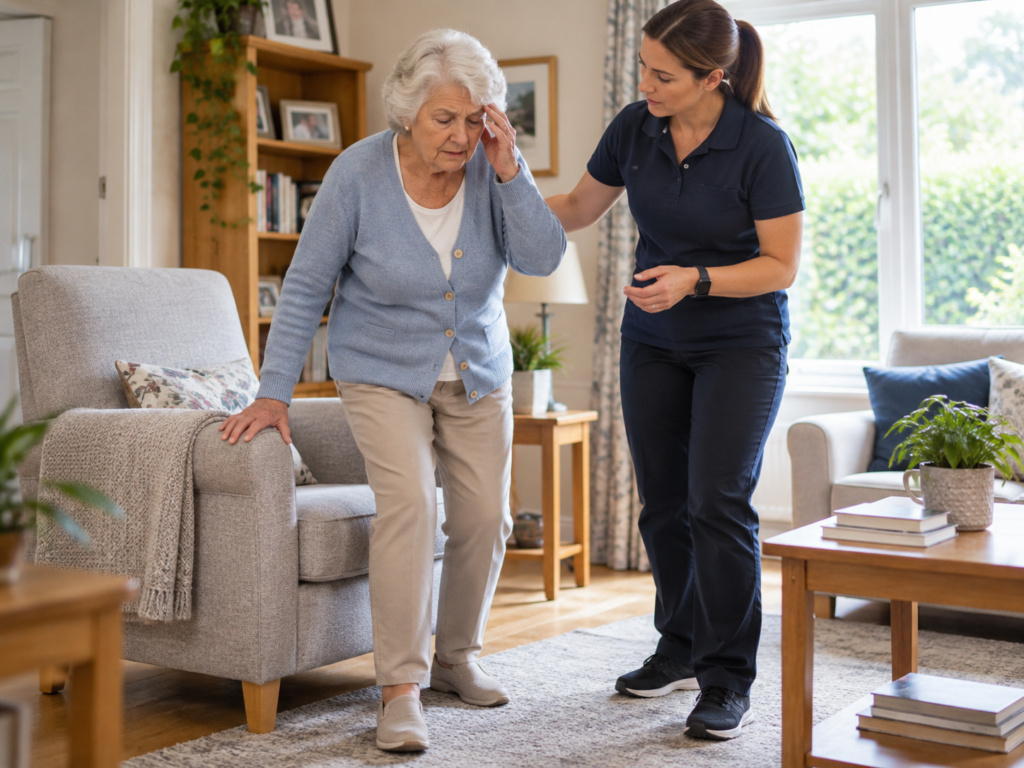 Older adult experiencing dizziness and balance problems while standing at home