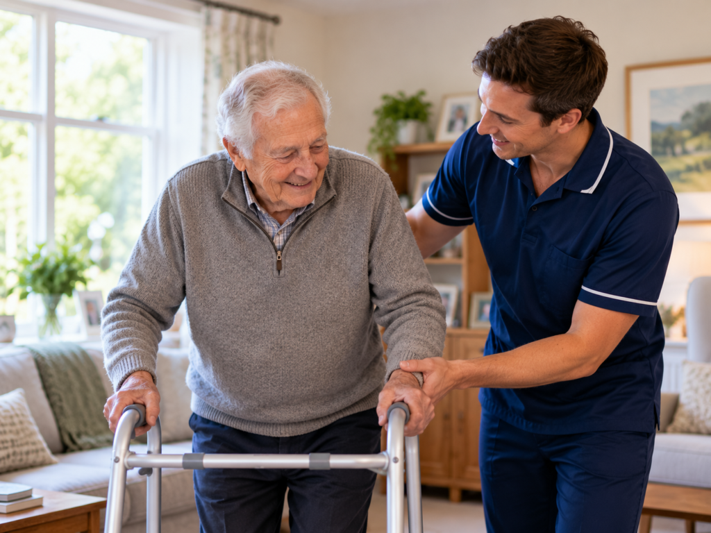 A physiotherapist supporting an older adult with frailty during walking practice at home. Physiotherapy can help improve strength, balance, mobility and confidence, supporting older people to remain as independent as possible.