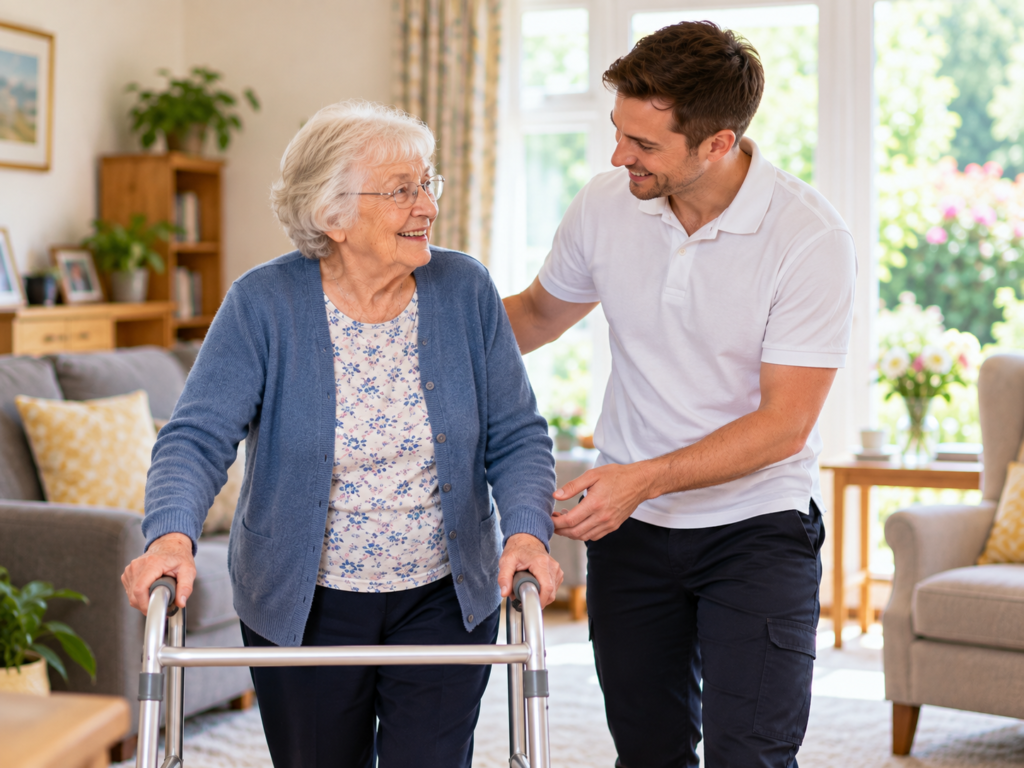 Male physiotherapist helping an older woman with dementia practise walking safely at home