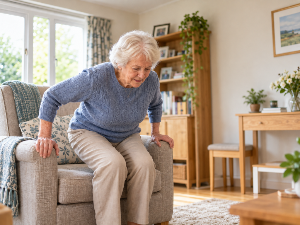 Older woman struggling to get out of an armchair at home